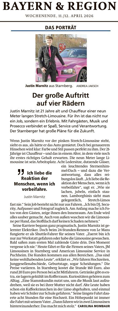 Zeitungsartikel über Justin Marnitz JM Limousinen – Der große Auftritt auf vier Rädern