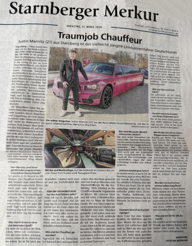 Zeitungsartikel über Justin Marnitz – Traumjob Chauffeur bei JM Limousinen